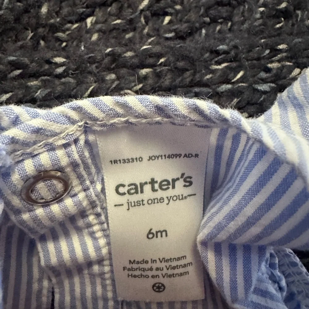 Carter’s Baby Girl Blue White Striped Romper 6M Floral Embroidered Sleeveless *